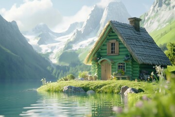 Fototapeta premium A charming green log cabin nestled on a lakeside island, surrounded by lush greenery and majestic mountains.