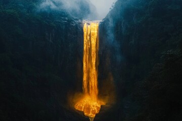 Obraz premium Majestic waterfall cascades golden water into serene pool surrounded by lush greenery during a tranquil afternoon