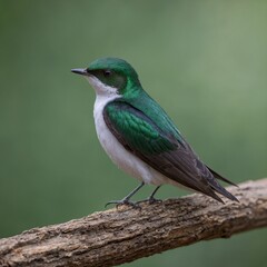 Fototapeta premium Violet-green Swallow bird on piece of wood