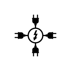 Electric plug icon with wire, cord and lightning bolt, current and voltage symbol. Vector illustration on white background.