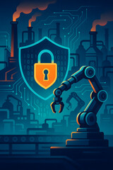 Robotic manufacturing cybersecurity with shielded data systems, encrypted industrial automation protection against digital threats and breaches
