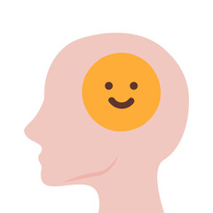 Human head with happy emoji faces. Mental health, positive, feeling, mind concept. Flat character vector design isolated illustration.