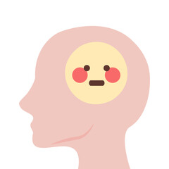 Human head with shy emoji faces. Mental health, embarrassment, anxiety, mind concept. Flat character vector design isolated illustration.