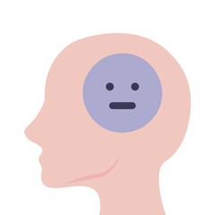 Human head with sad emoji faces. Depression, mental health, pressure, anxiety, burnout concept. Flat character vector design isolated illustration.