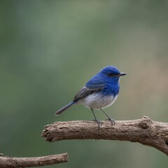 Ultramarine Flycatcher bird on piece of wood