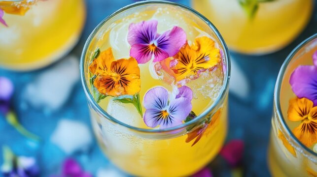 Colorful flower-topped cocktails with ice.