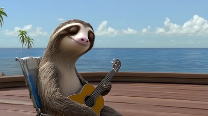 Animated sloth serenades on a tropical deck.