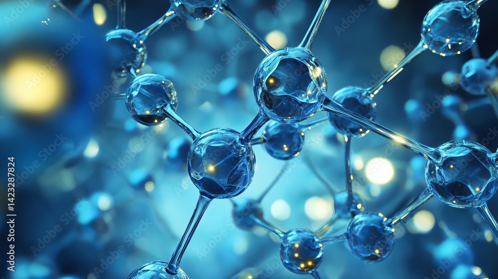 Poster abstract blue molecular structure science background image 3d art data atoms model macro glass light