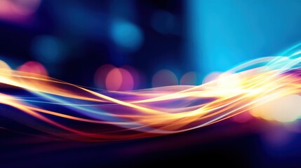Abstract light trails create a vibrant, colorful background with blurred bokeh effects