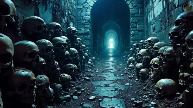 A tunnel full of skulls in a dark tunnel