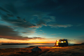 Holiday trip on large family motorhome for holiday in beautiful natural nature, abstract vivid composition consists of fictional unreal fantastic vision on background