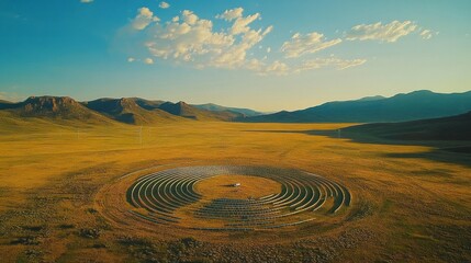 Naklejka premium A wide array of wind turbines stands in an open field, efficiently capturing wind energy. The landscape features rolling hills under a bright blue sky, showcasing renewable energy solutions.