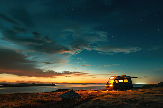 Holiday trip on large family motorhome for holiday in beautiful natural nature, abstract vivid composition consists of fictional unreal fantastic vision on background