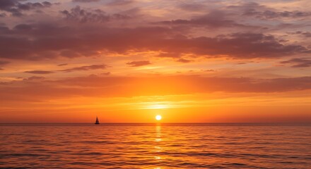 Naklejka premium Ocean Sunset with Sailboat Silhouette