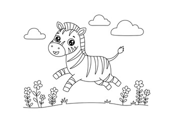 coloring page zebra animal on grass and clouds sky