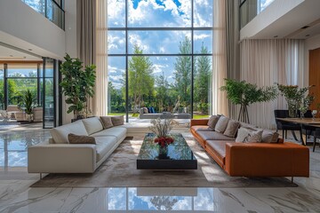 Luxury Design. Modern Living Room Interior with Elegant Furniture and Large Windows