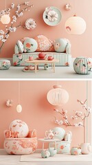 Elegant Pastel Interior Featuring Floral Decor Sofa Lanterns And Table Arrangement