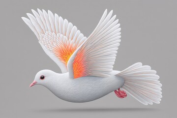 Obraz premium A hyper realistic close-up of a white dove mid-flight with feathers and flames subtly reflected in its eyes