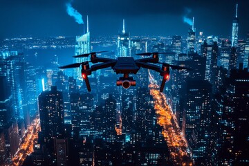 Obraz premium Drone equipped with lighting effects soaring above a vibrant night cityscape with stunning skyline views and glowing buildings
