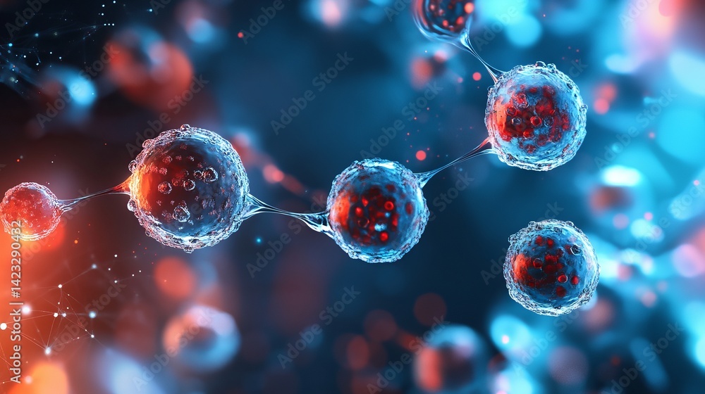 Poster microscopic cellular structures red blue science abstract background 3d art cells image virus design