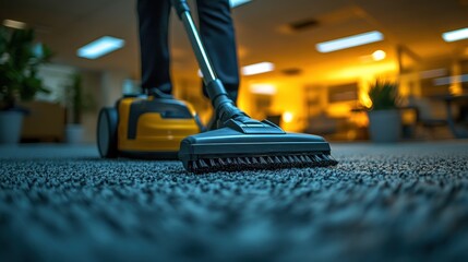 Fototapeta premium Person vacuuming a carpet in a warmly lit office environment with plants in the background