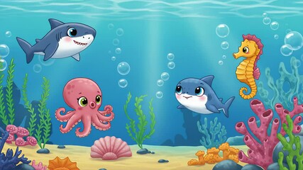 Cartoon Underwater Scene with Sea Animals Swimming and Bubbles - Powered by Adobe