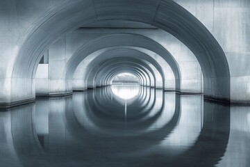 Fototapeta premium Vaulted bridge structure creates stunning mirror reflection beneath in calm water during early morning light