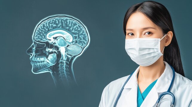 medical ai monitoring research. Medical professional with a brain illustration, wearing a mask and lab coat.