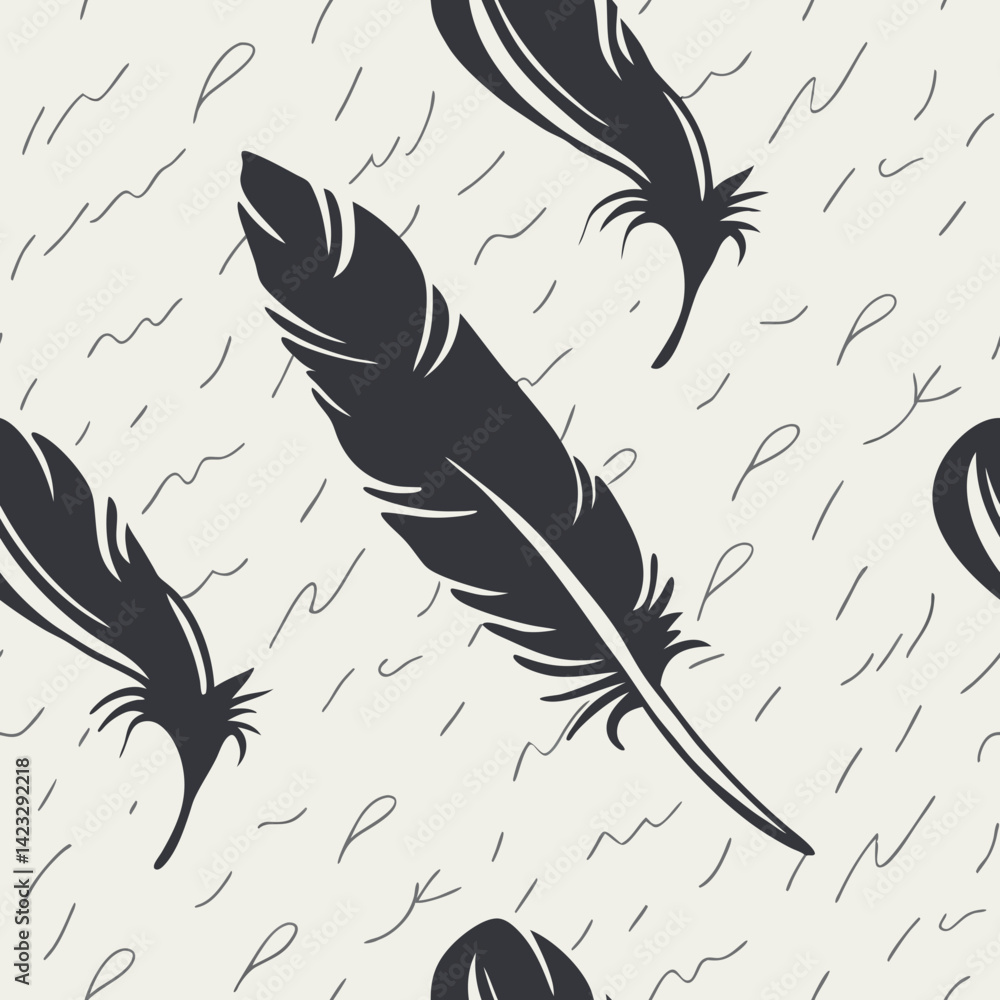 Poster seamless black feather vector pattern on light background