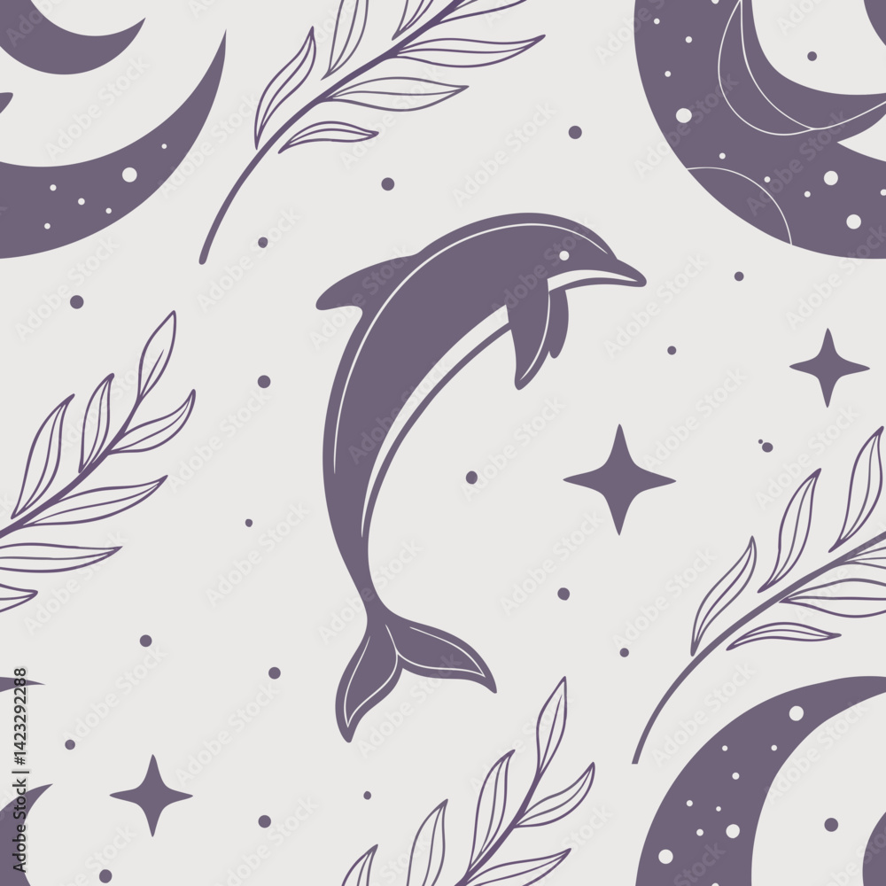 Poster seamless dolphin vector pattern in a moon and star pattern