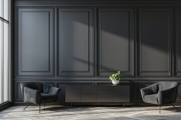 Detailed Visual  of Dark Grey Waiting Room with Empty Lined Wall, Sideboard and Armchairs