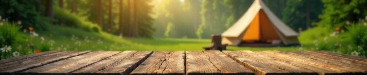 Rustic wooden table against blurred campsite backdrop, serene, product