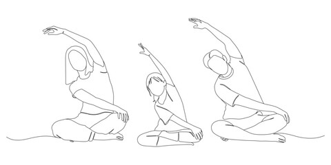 One Line Drawing of Family Doing Seated Side Stretch Together

