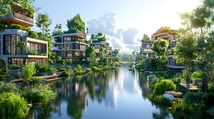 Obraz premium Eco-Friendly Architecture Envisioned Along a Serene Waterway: Sustainable Living