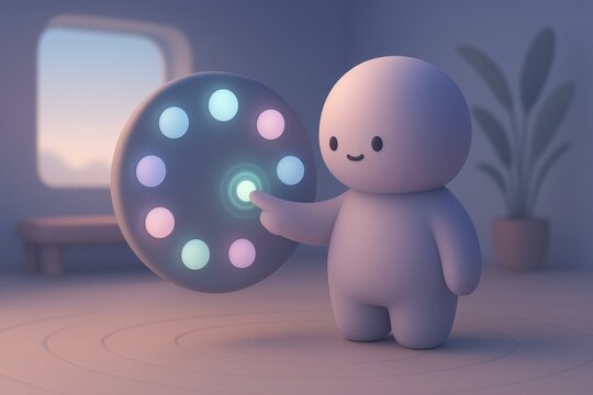 Playful Touch: A whimsical, friendly character joyfully interacts with a glowing, circular interface, set in a softly lit, cozy environment, evoking feelings of curiosity and technological wonder. 