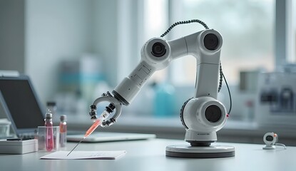 Robotic arm administering injection in laboratory medical environment close-up view technology innovation