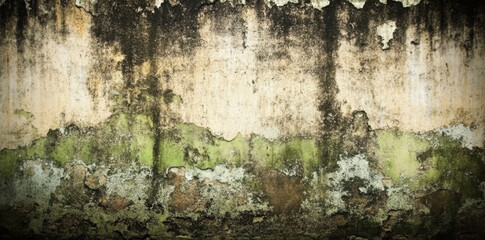 Obraz premium textured wall with peeling paint and mossy patches, showcasing blend of neutral tones and grunge aesthetics, evoking sense of decay and history