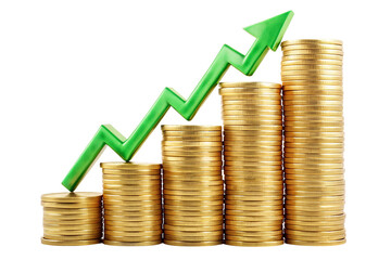 Golden coins stacked beside a rising graph signify business growth and financial success in the market. increasing stacks of golden coins, green plant growing on coins, gold coins and graph
