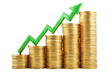 Golden coins stacked beside a rising graph signify business growth and financial success in the market. increasing stacks of golden coins, green plant growing on coins, gold coins and graph