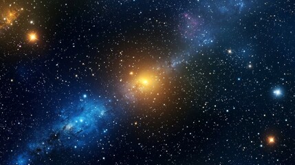 Obraz premium A Captivating Wide-Angle View of a Celestial Space Scene Featuring a Radiant Yellow-Orange Star at the Center, Surrounded by Vibrant Blue Nebulae and a Dazzling Expanse of Twinkling