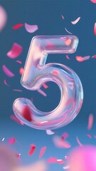 Multicolored confetti cascading near wireframe numeral five, floating against bright blue background, symbolizing celebration