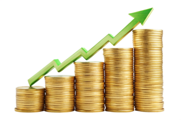 Golden coins stacked beside a rising graph signify business growth and financial success in the market. increasing stacks of golden coins, green plant growing on coins, gold coins and graph