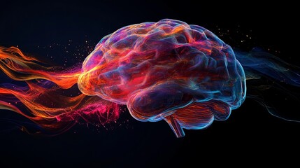 Naklejka premium Abstract colorful brain visualization with energy waves and vibrant colors art red mind blue pink