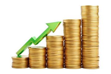 Golden coins stacked beside a rising graph signify business growth and financial success in the market. increasing stacks of golden coins, green plant growing on coins, gold coins and graph