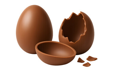 Realistic 3D Rendering of Whole, Broken, and Halved Chocolate Eggs on Transparent Background

