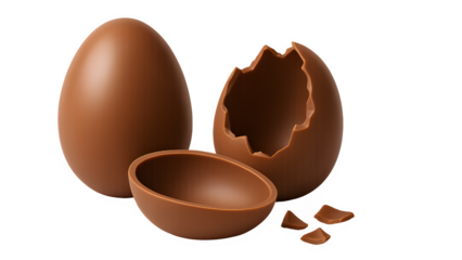 Realistic 3D Rendering of Whole, Broken, and Halved Chocolate Eggs on Transparent Background


