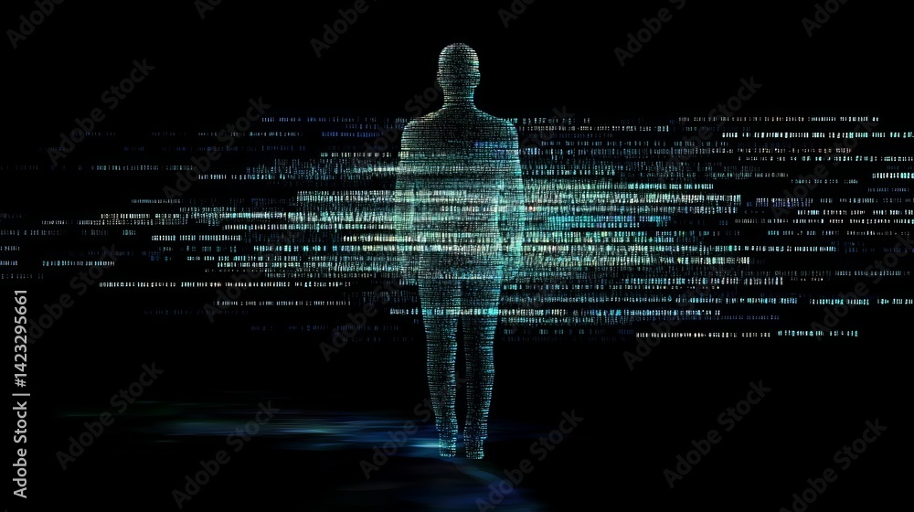 Poster abstract digital human figure composed of binary code data streams blue dark glow cyber green black