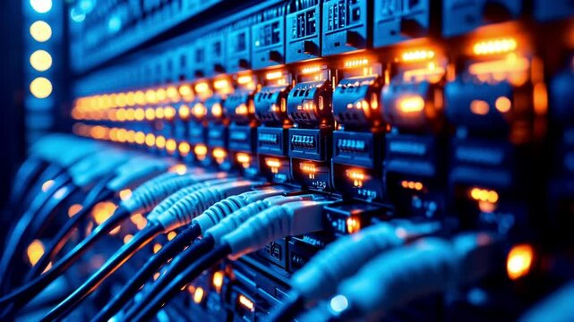A bunch of cables that are connected to each other in a server room