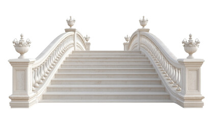 Elegant White Marble Staircase with Ornate Balustrades – PNG Transparent Architecture Element

