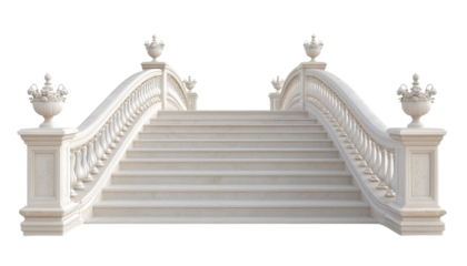 Elegant White Marble Staircase with Ornate Balustrades – PNG Transparent Architecture Element

